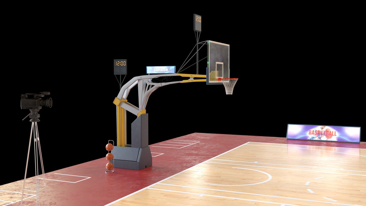 Basketball Court Set with Backboard, Hoop, Parquet, Balls, Digital Timer, Screen