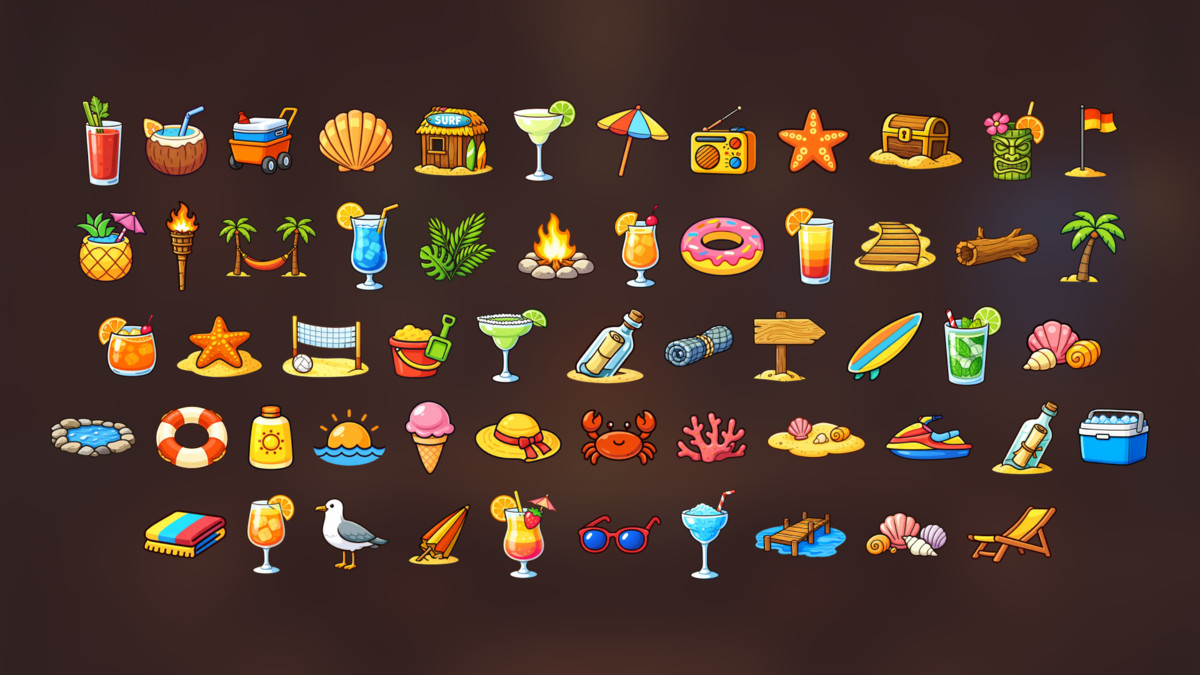 Beach Summer Vacation Icons Pack Casual Survival Adventure and Simulation Games
