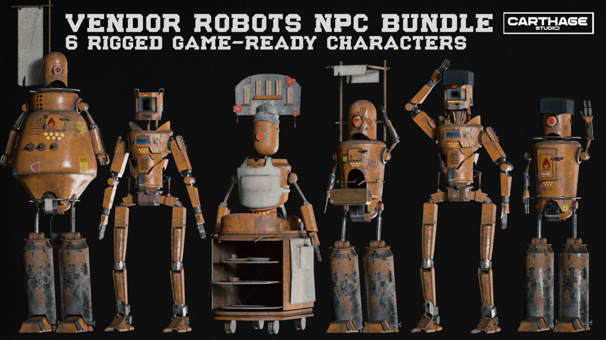 Vendor Robots NPC Bundle – 6 Rigged Game-Ready Characters