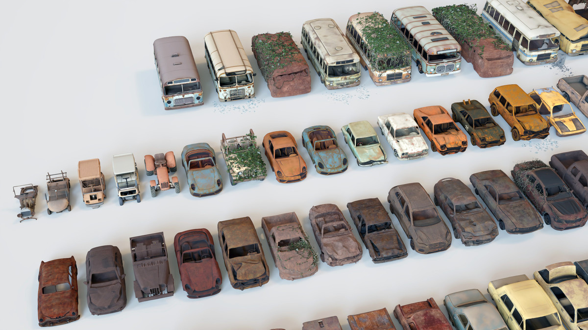 Old Abandoned Junk Rusty Vehicles 3d Game Ready Set (Car, Bus, Motorcycle, Bike)