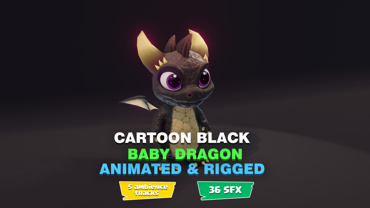 Cartoon Black Baby Dragon 3D Model (Low-Poly, Game-Ready, Animated, Built-In)