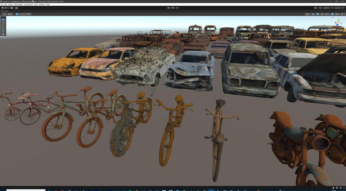 Old Abandoned Junk Rusty Vehicles 3d Game Ready Set (Car, Bus, Motorcycle, Bike)