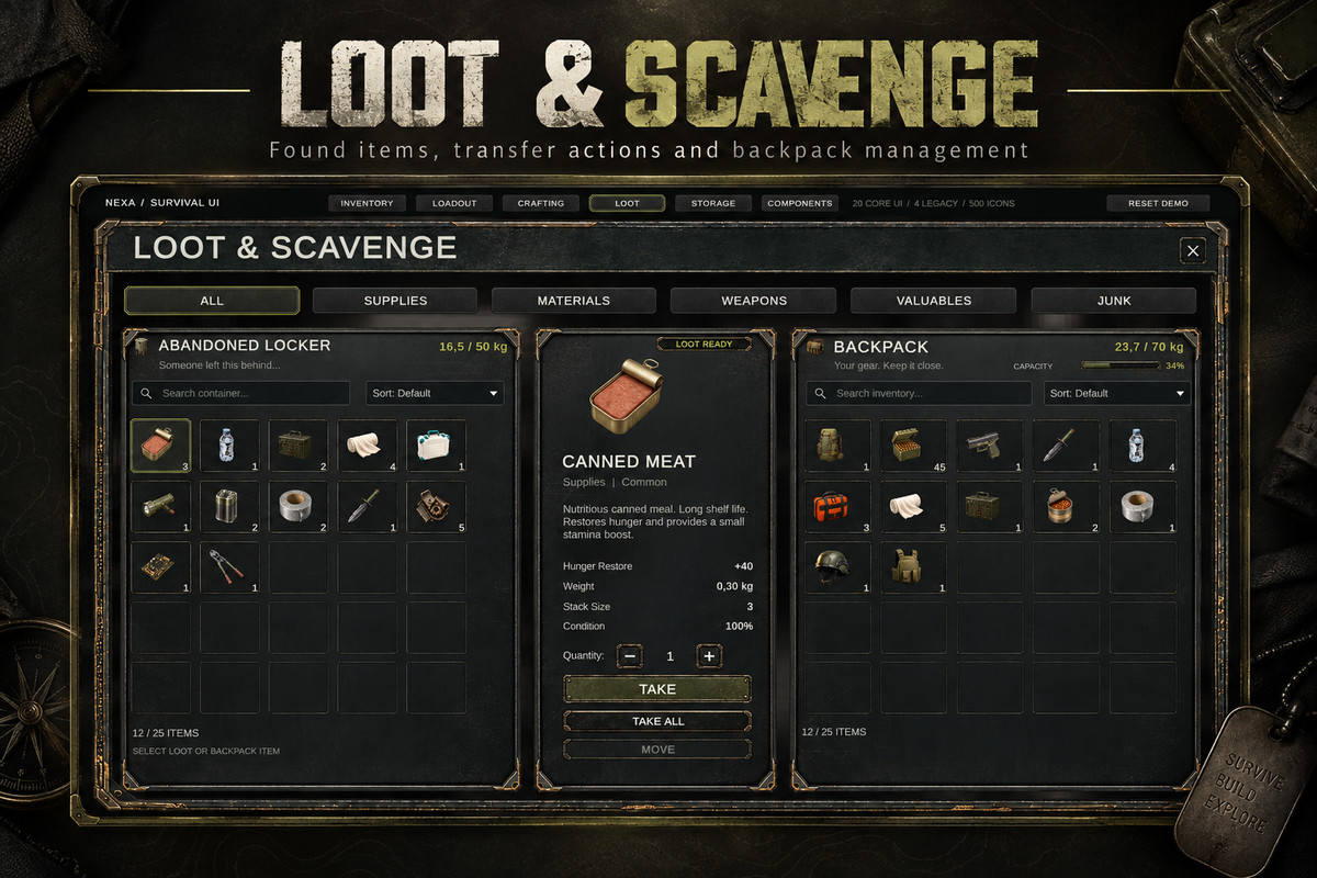 Survival UI Kit – 500 Icons & 5 Demo Screens