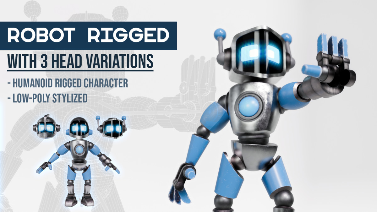 Stylized Rigged Robot with 3 Head variations