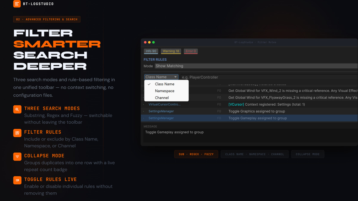 BT-LogStudio: Advanced Debug Console & Log Filter System