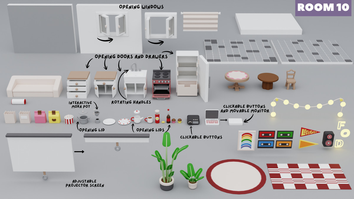 Cartoon Interactive Rooms & Furniture - Cozy Interior Pack 2