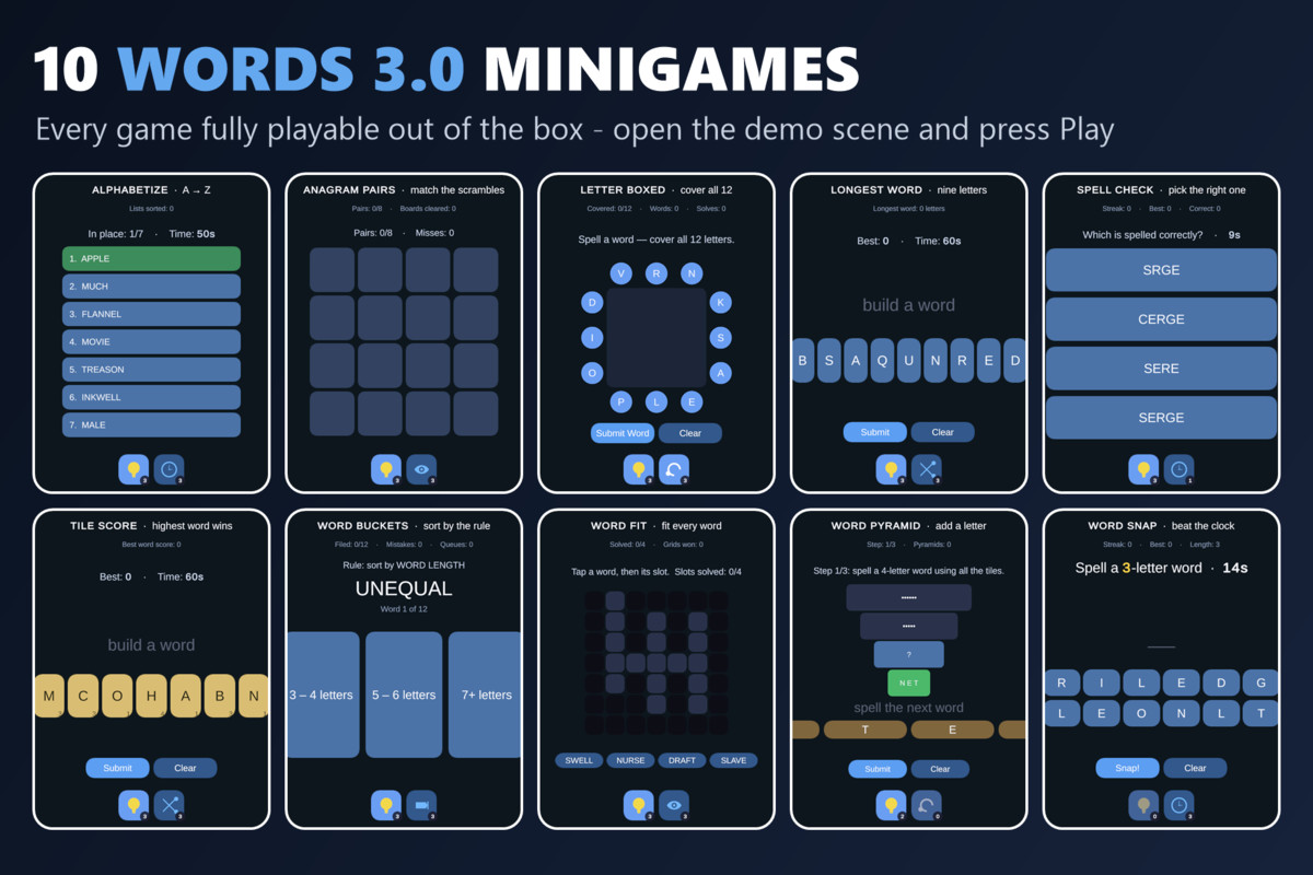 Mini Game Templates Words 3.0 - 10 Words Starters for Unity