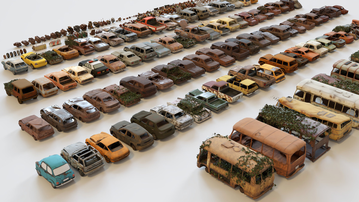 Old Abandoned Junk Rusty Vehicles 3d Game Ready Set (Car, Bus, Motorcycle, Bike)