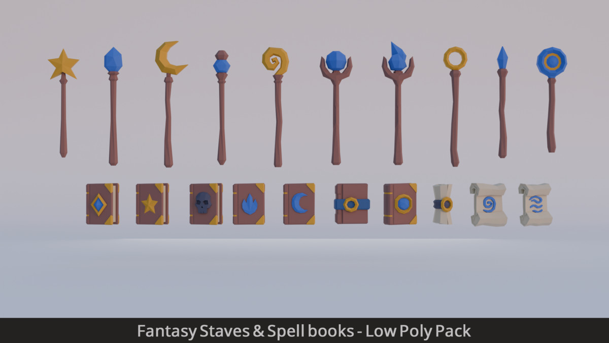 Fantasy Staves & Spell books - Low Poly Pack