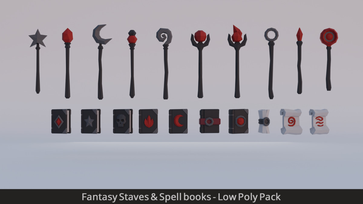 Fantasy Staves & Spell books - Low Poly Pack