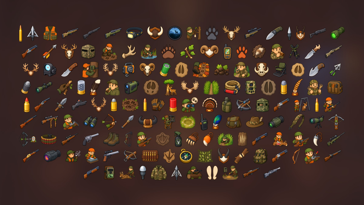 Hunting Wildlife Tracking Hunter Survival Equipment Icons Pack