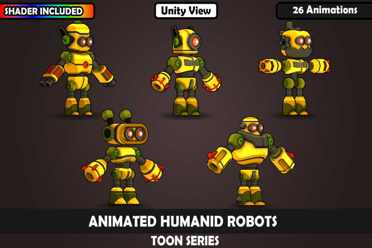 V1 Animated Toon Humanoid Robot Charcaters : 5 Characters, 26 Animations, Matcap