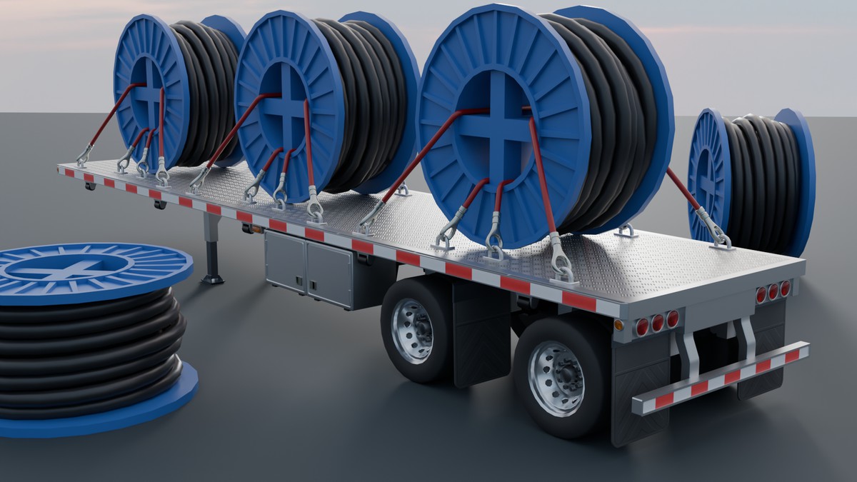 American Semi Truck with Flatbed Trailer & Cable Reel Cargo