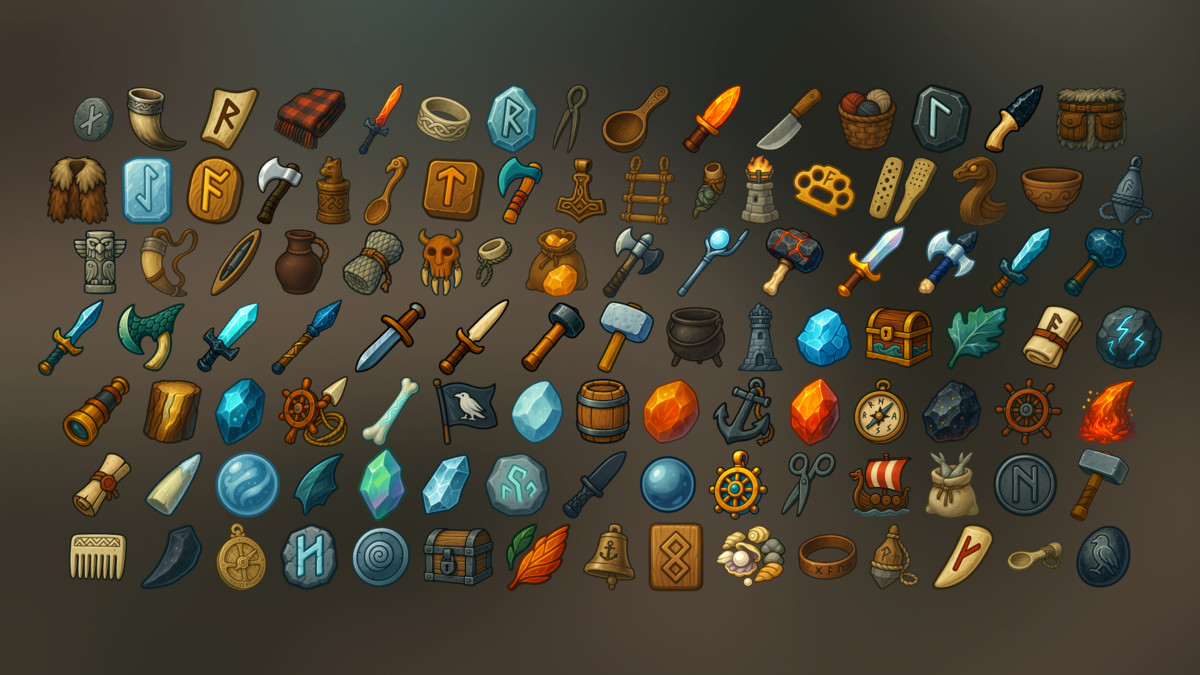 Viking Themed Game Icons Pack – Weapons, Tools, Resources & UI Elements