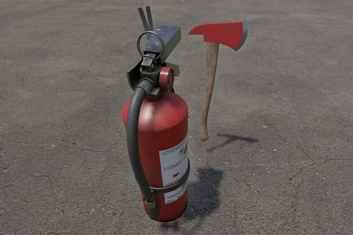 Fire Extinguisher, Crowbar & Fire Axe