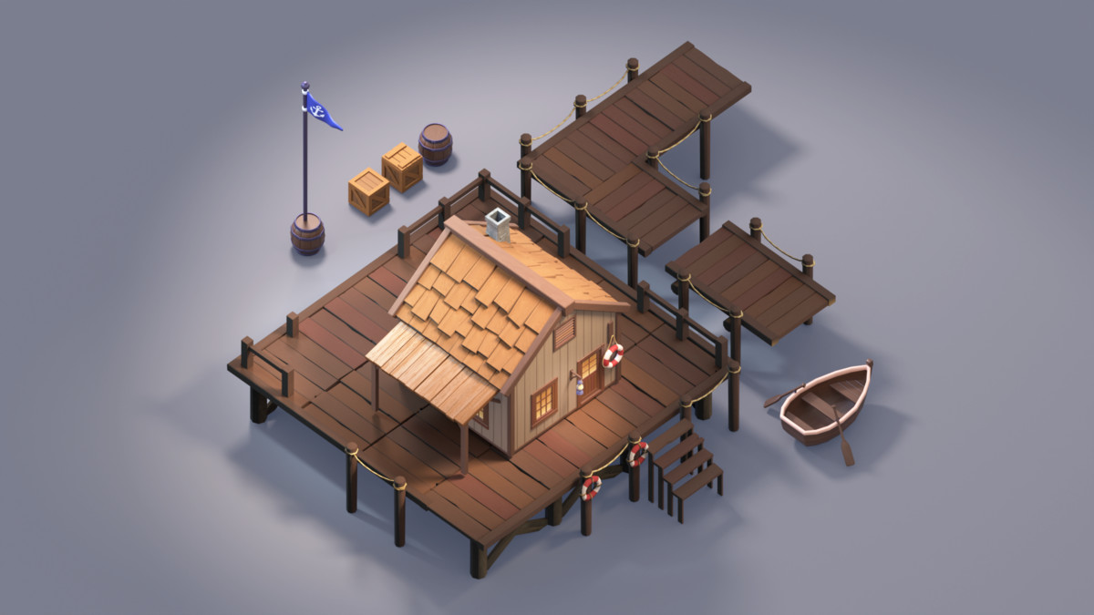 Modular Waterfront System: Fisherman’s Shack, Docks, and Rowboat
