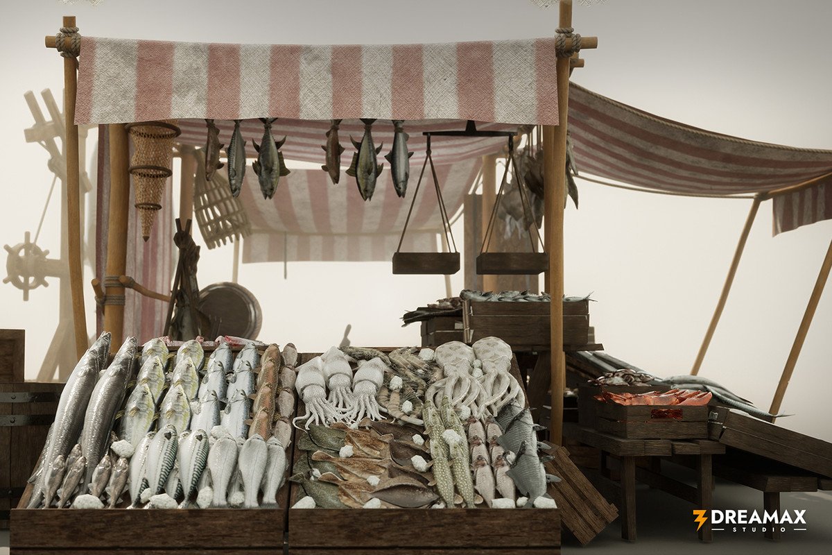 Medieval Fish Market Stalls & Seafood Display Props Pack Vol. 1