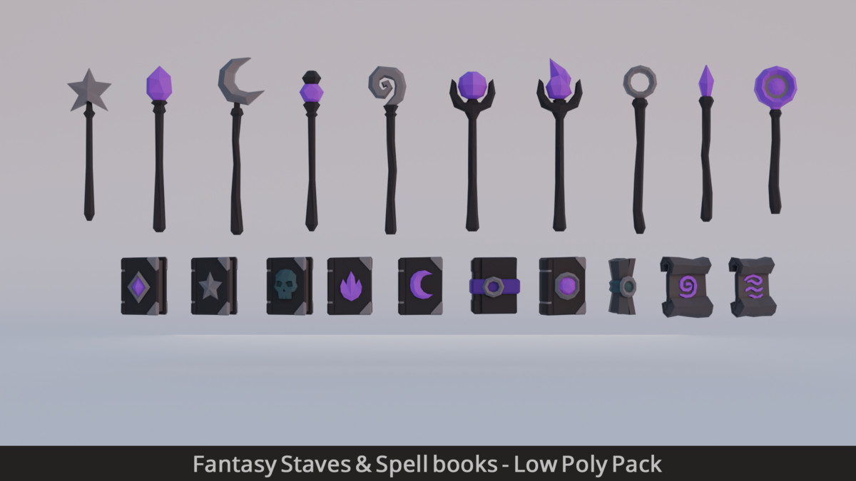 Fantasy Staves & Spell books - Low Poly Pack