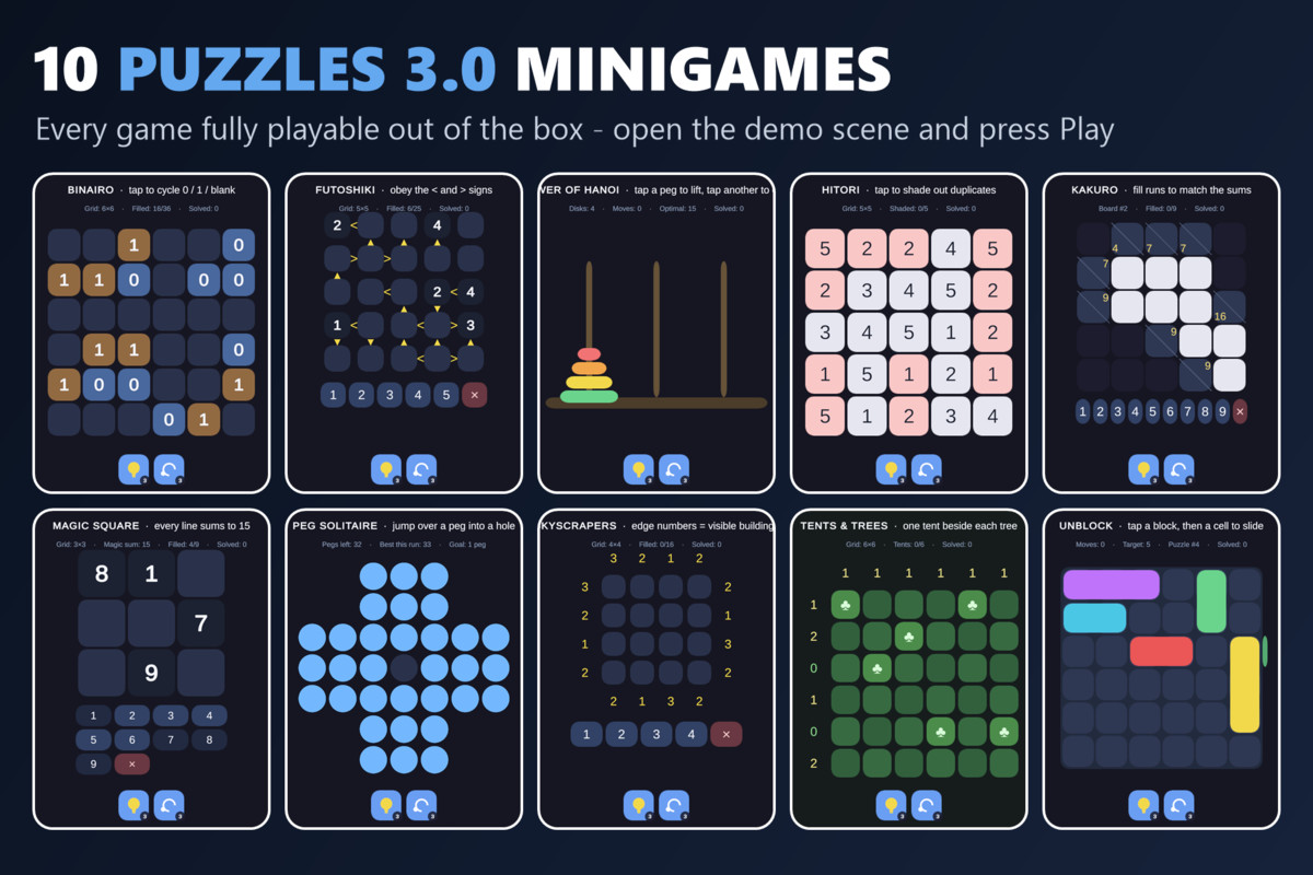 Mini Game Templates Puzzles 3.0 - 10 Puzzles Starters for Unity