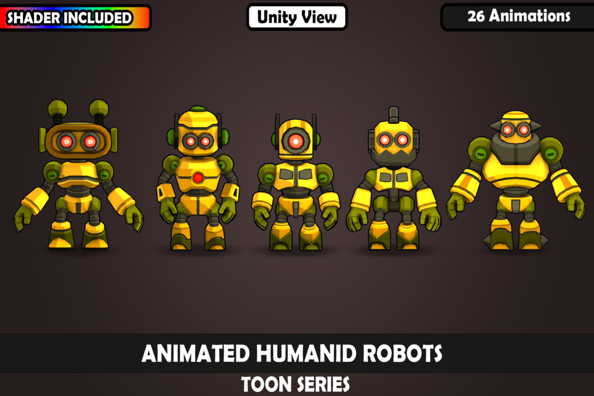 V1 Animated Toon Humanoid Robot Charcaters : 5 Characters, 26 Animations, Matcap
