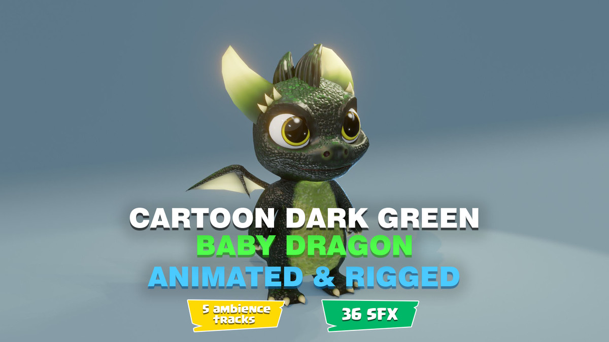 Cartoon Dark Green Baby Dragon 3D Model (Low-Poly, Game-Ready, Built-In)