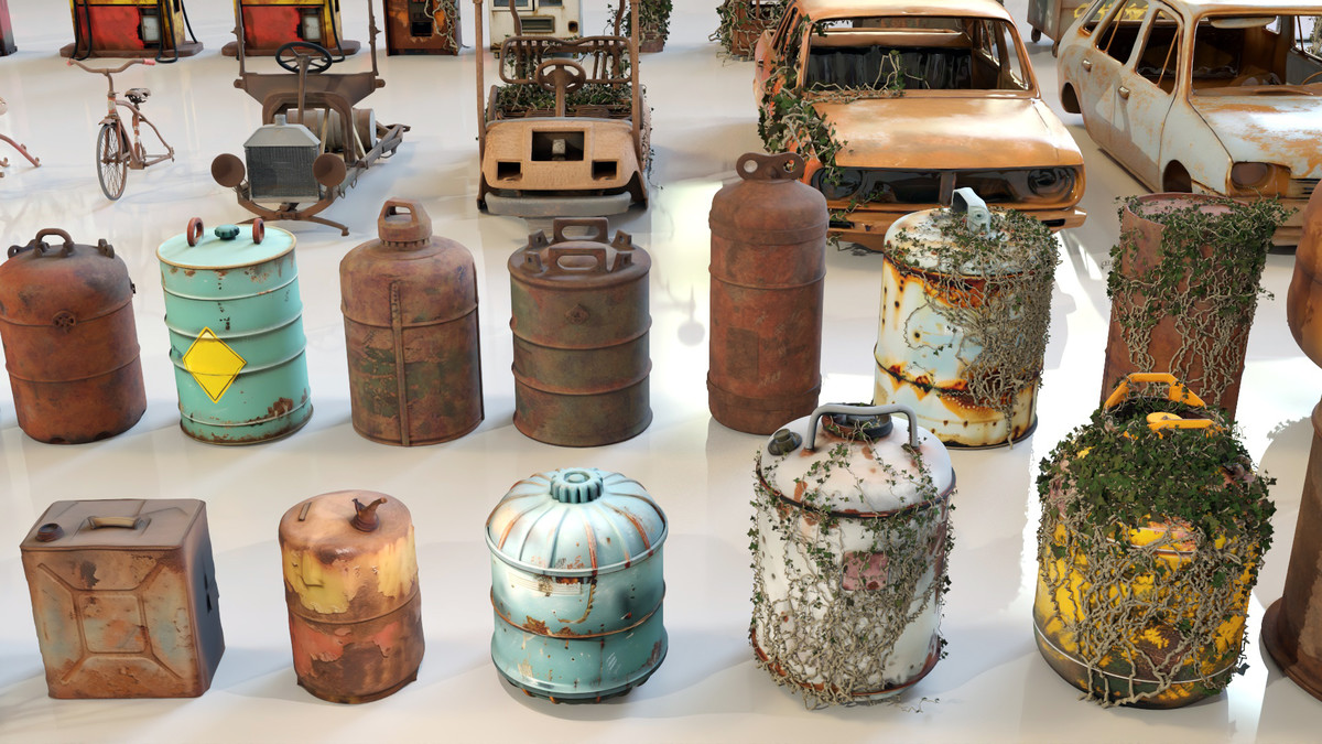 Post-Apocalyptic Junkyard Rusty Gas Station Props Pack (217 3d assets)