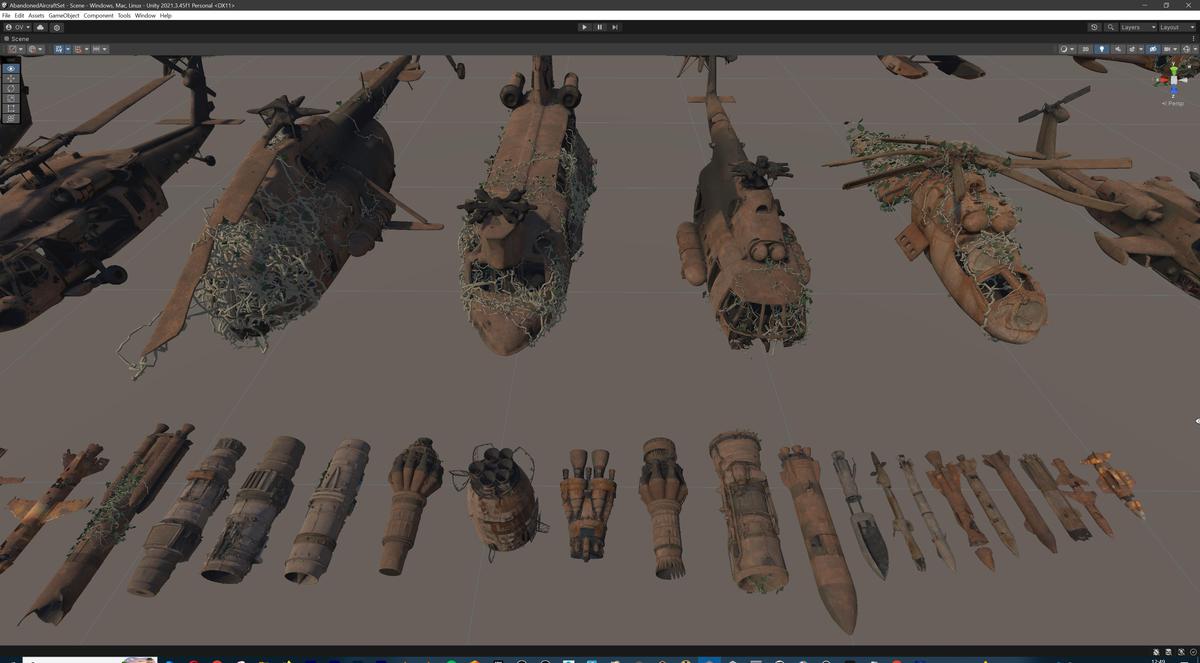 Old Abandoned Junk Rusty Aircraft and Helicopter Set 3d Game Ready Modular Props