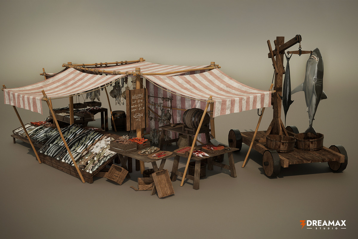 Medieval Fish Market Stalls & Seafood Display Props Pack Vol. 1