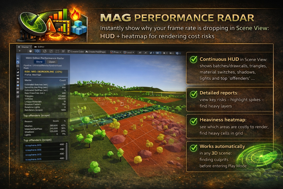MAG Performance Radar – Scene View HUD + Heatmap (Batches/SetPass/Tris)
