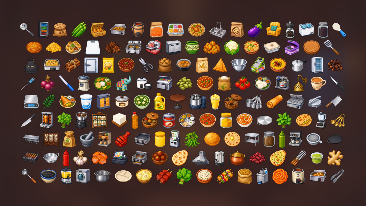 Indian Cuisine Restaurant Curry Street Food Kitchen Icons Pack