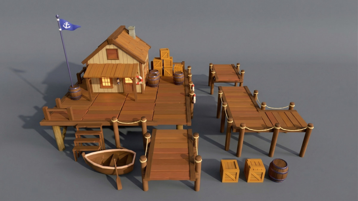 Modular Waterfront System: Fisherman’s Shack, Docks, and Rowboat