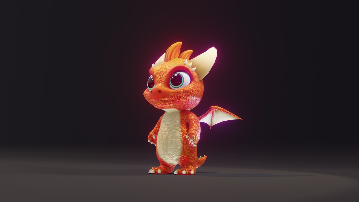 Cartoon Orange Baby Dragon 3D Model (Low-Poly, Game-Ready, Animated, Built-In)