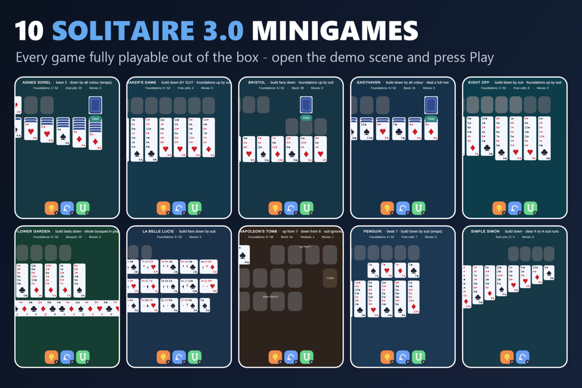 Mini Game Templates Solitaire 3.0 - 10 Solitaire Starters for Unity