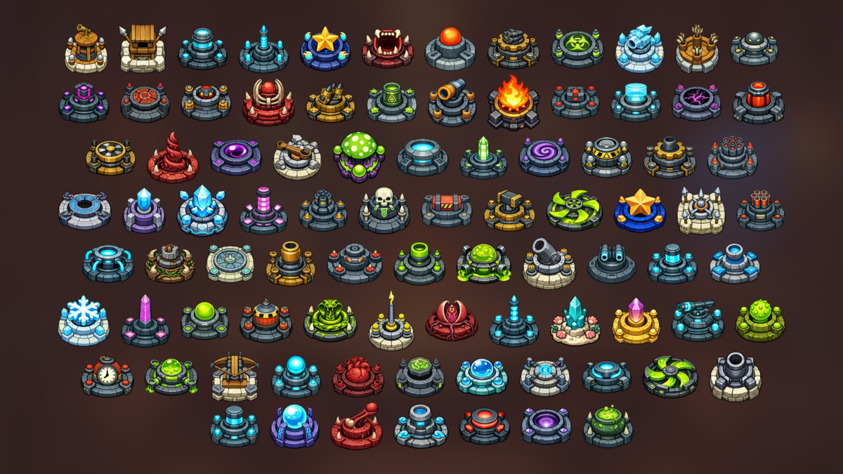 Tower Defense Turret Mega Pack Toxic Elemental Sci-Fi Strategy TD Assets