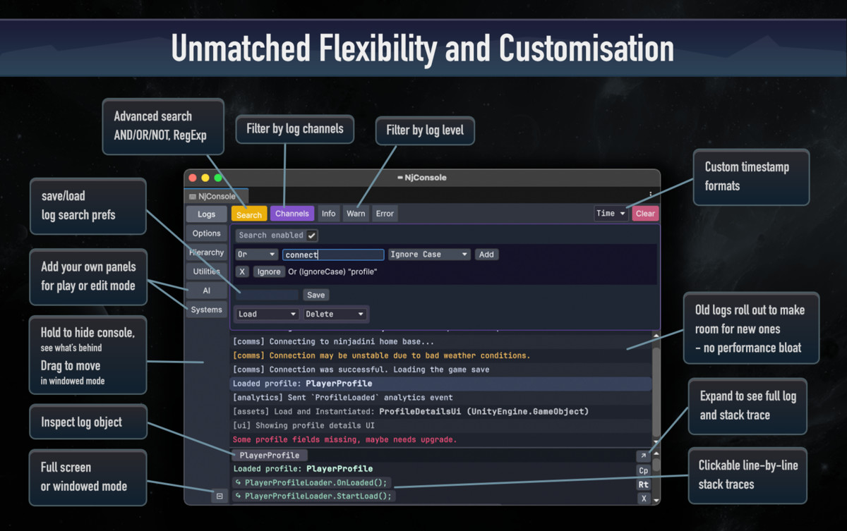 Ninjadini Debug Console, Logger & Inspector — In-Game & Editor Tools for Unity