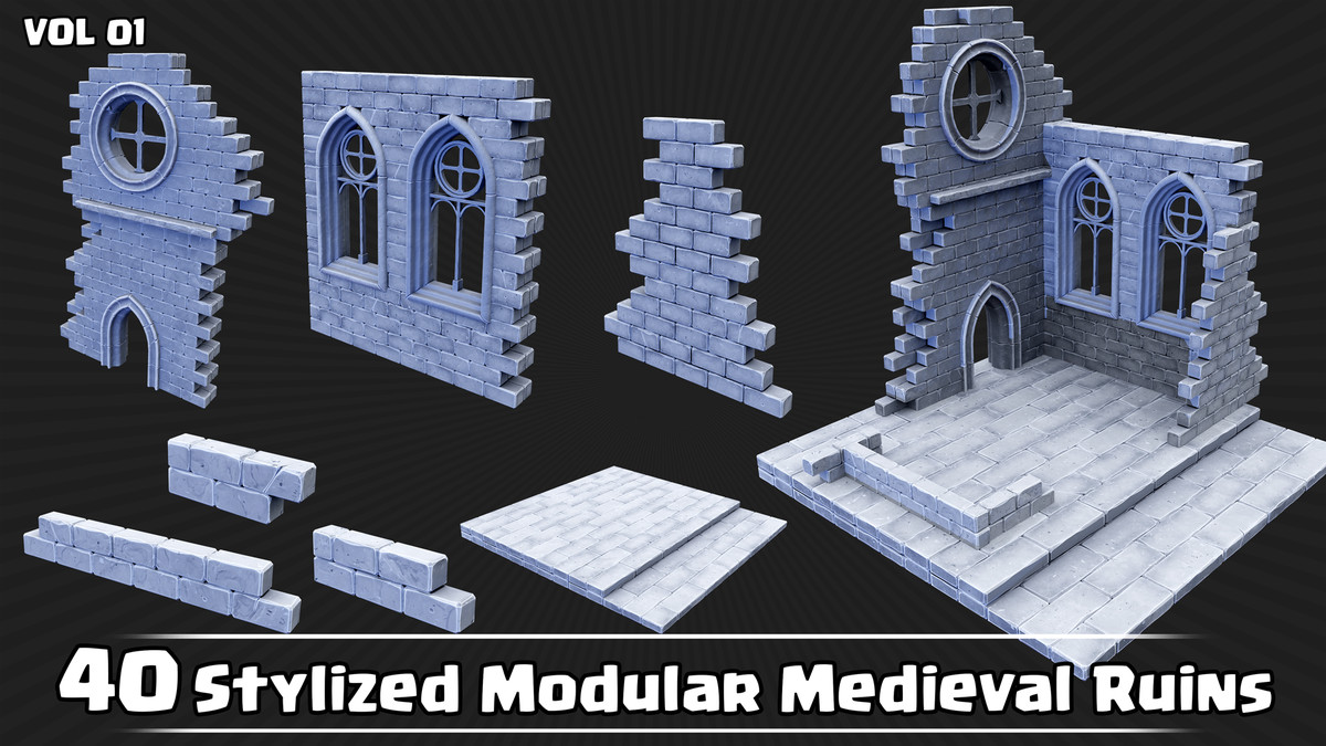 40 Stylized Modular Medieval Ruins