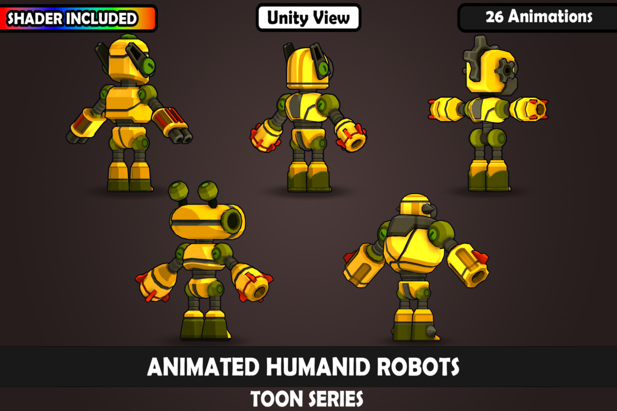 V1 Animated Toon Humanoid Robot Charcaters : 5 Characters, 26 Animations, Matcap