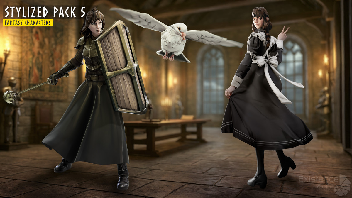 3 in 1 - Stylized Character Pack - Maid Mary - White Pigeon - Shield Guardian