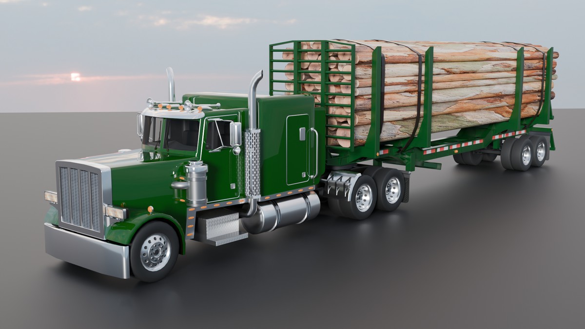 American Semi Truck + Logging Trailer | Interior, Modular, 4 Wood Log | PBR