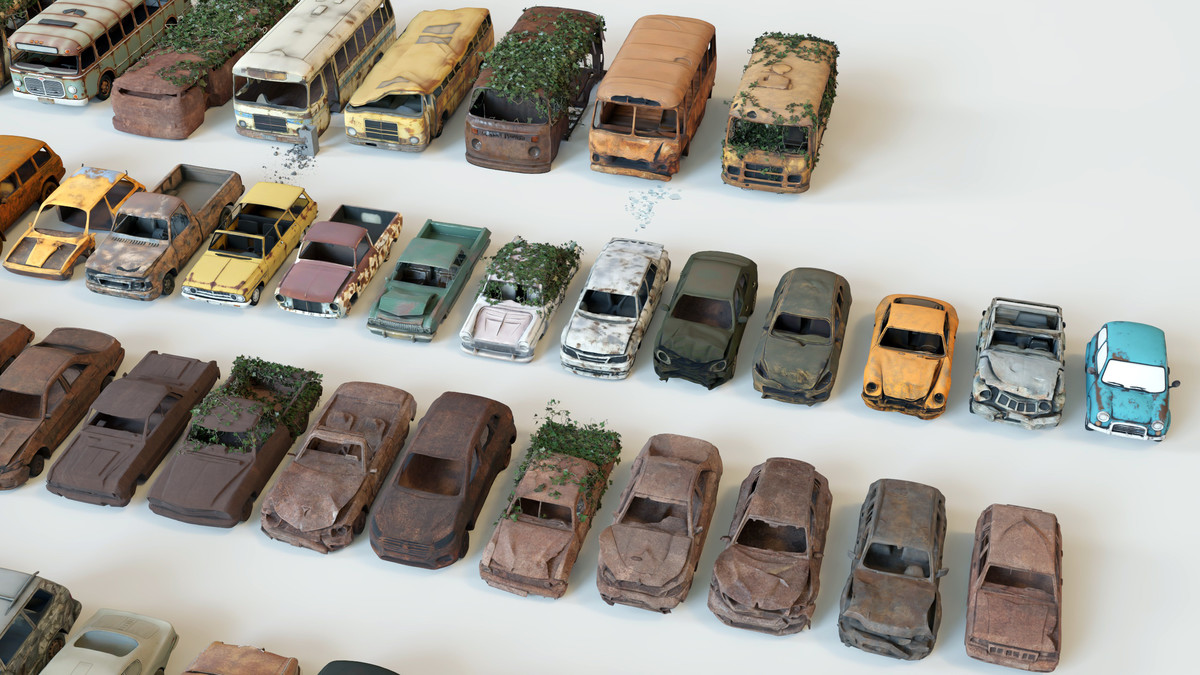 Old Abandoned Junk Rusty Vehicles 3d Game Ready Set (Car, Bus, Motorcycle, Bike)