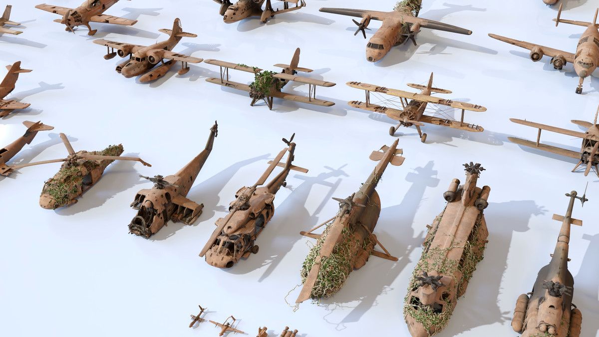 Old Abandoned Junk Rusty Aircraft and Helicopter Set 3d Game Ready Modular Props