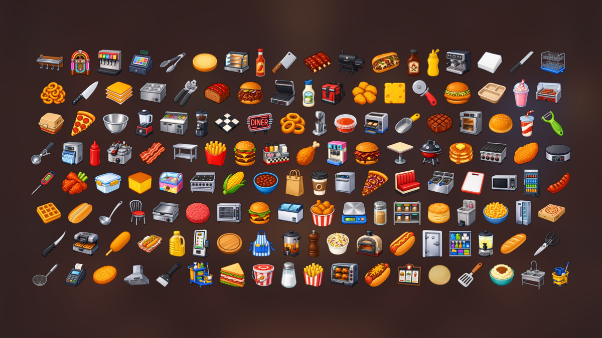 Fast Food Diner Restaurant Kitchen Cooking Equipment Icons Pack