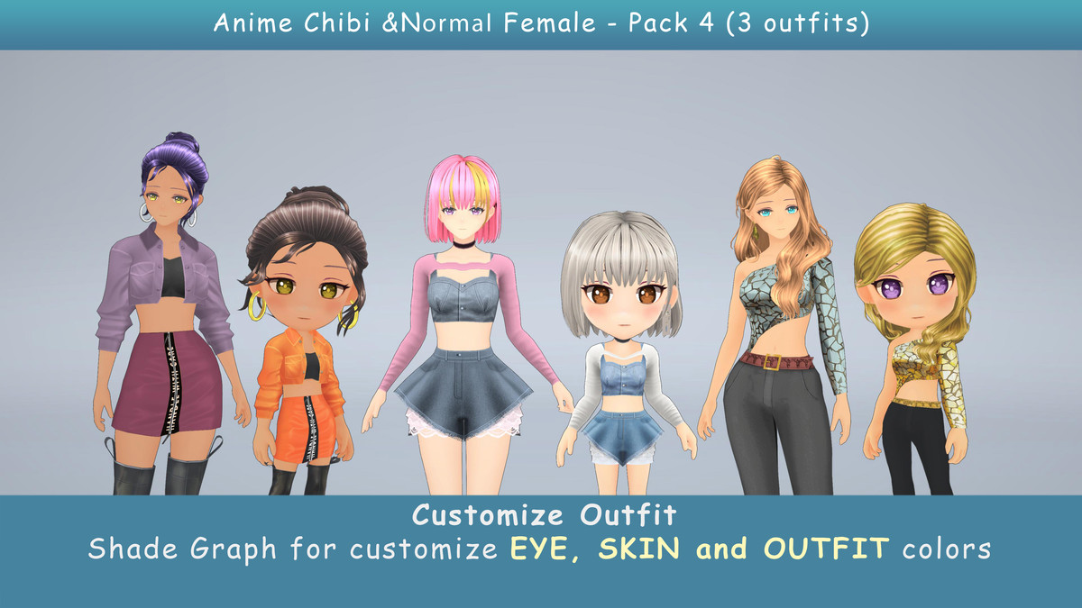 Modular Anime Female Character - Combo 4 (3 outfit)