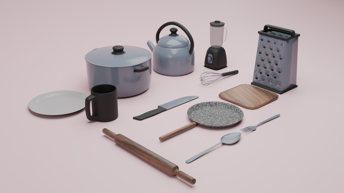 3D – Kitchen set: Forks, spoons, pots, and much more.