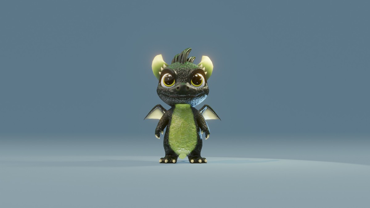Cartoon Dark Green Baby Dragon 3D Model & 5 Music Tracks & 36 Sound Effects