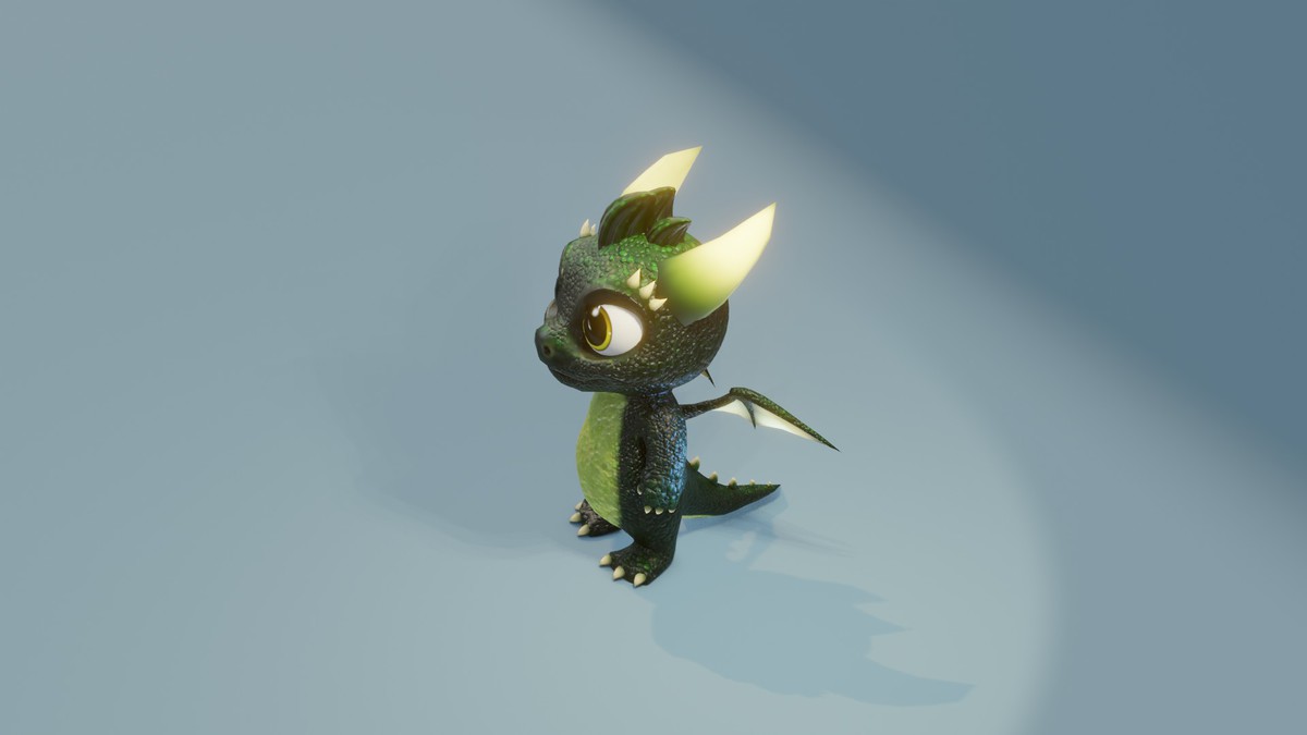 Cartoon Dark Green Baby Dragon 3D Model & 5 Music Tracks & 36 Sound Effects