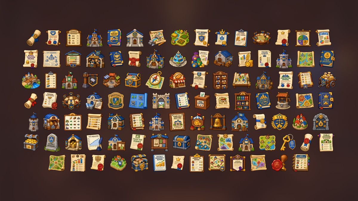 City Administration Kingdom Economy Documents Management Icons Pack