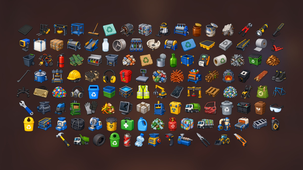 Waste Recycling Garbage Collection Sorting Facility Equipment Icons Pack