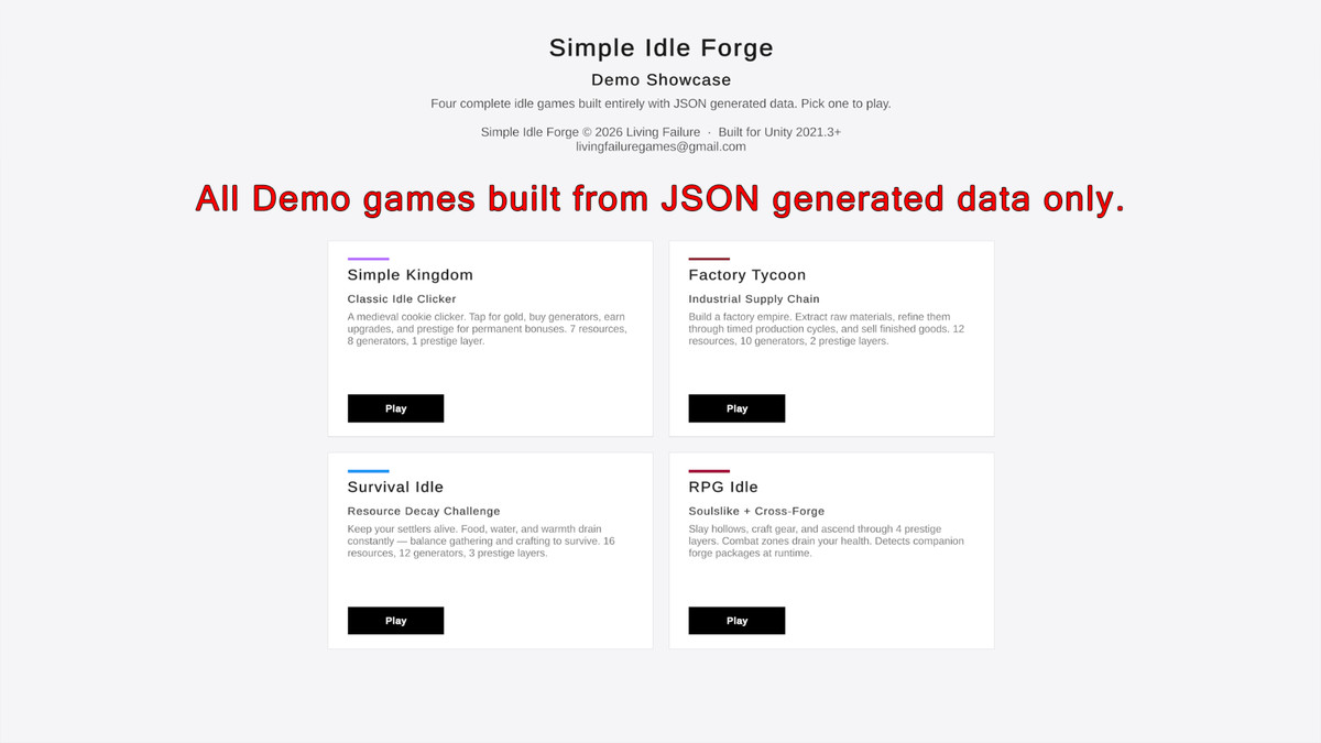 Simple IDLE Forge: No-Code Idle Game Toolkit w/ 4 Playable Demos & JSON support