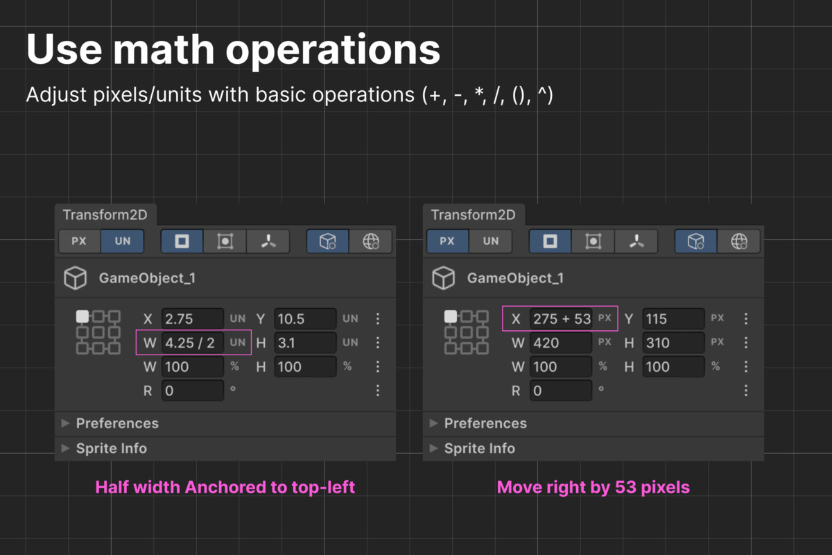 Transform 2D - Anchors, Size, Width/Height, Pixels, Align, Spacing, Guides